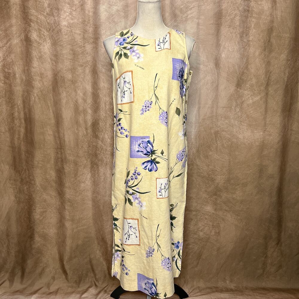 Vintage 90s Floral Bluebell Shift Dress Pale Yellow Sleeveless Linen Cottagecore